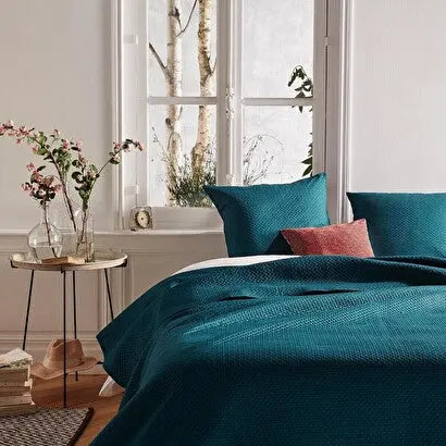 Dessus de lit et 2 taies d'oreiller Bleu Canard Dolce - 260x240 cm ZenPur