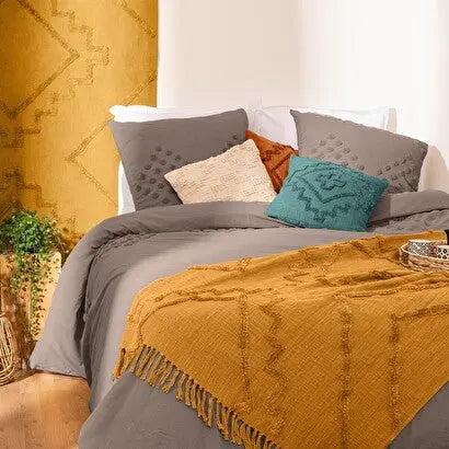 Jeté de lit Jaune Moutarde en Coton Tufté Inca - 130x180 cm ZenPur