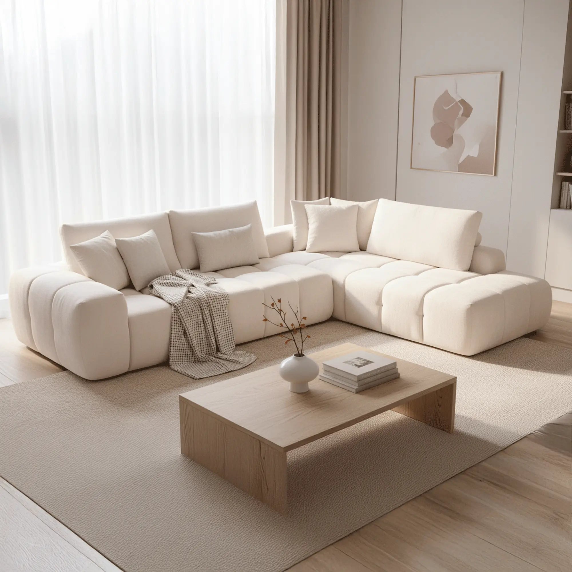 Canapé Compressé d'Angle Beige avec Méridienne Y215 - Ressorts Ensachés & Mousse Haute Densité ZenPur