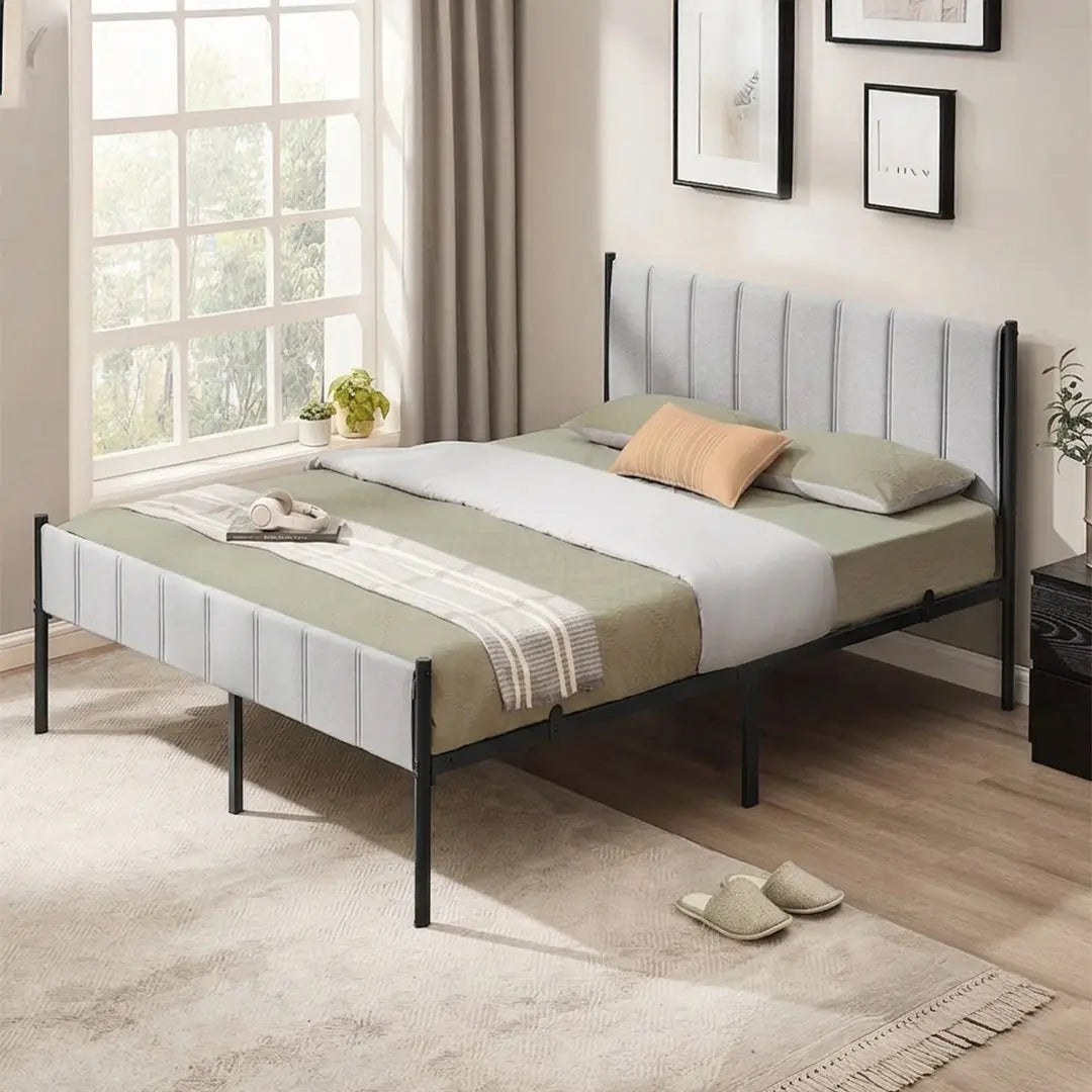 Lit Double 160x200 VASAGLE avec tête de lit rembourrée et sommier à lattes en acier ZenPur