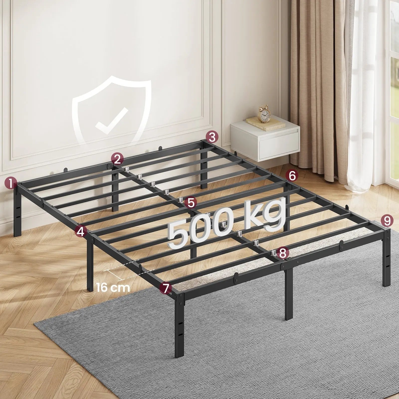 Cadre de lit 140x190cm VASAGLE avec Sommier métallique Noir ZenPur
