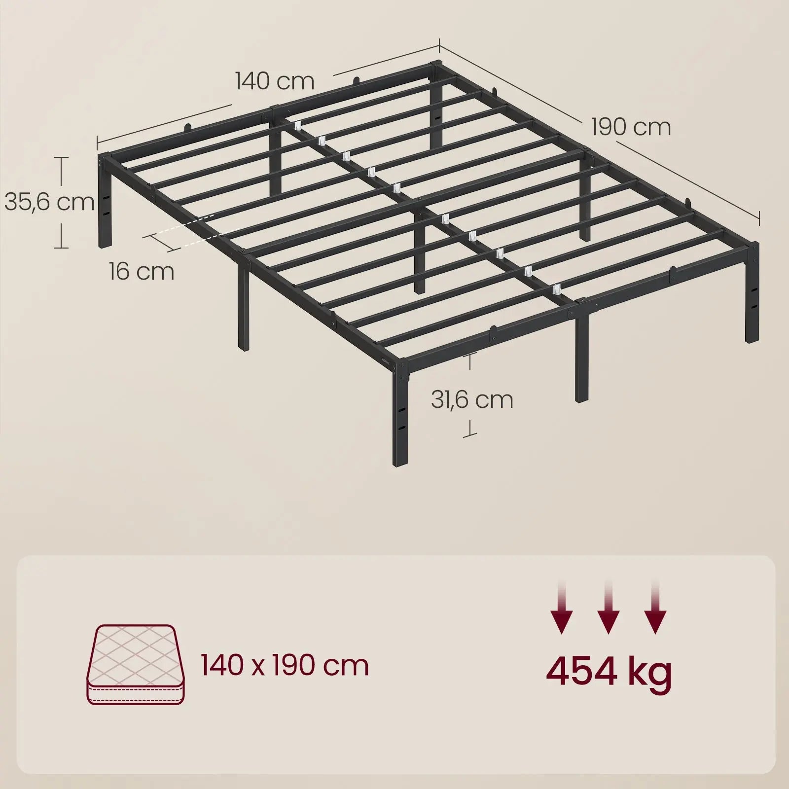 Cadre de lit 140x190cm VASAGLE avec Sommier métallique Noir ZenPur