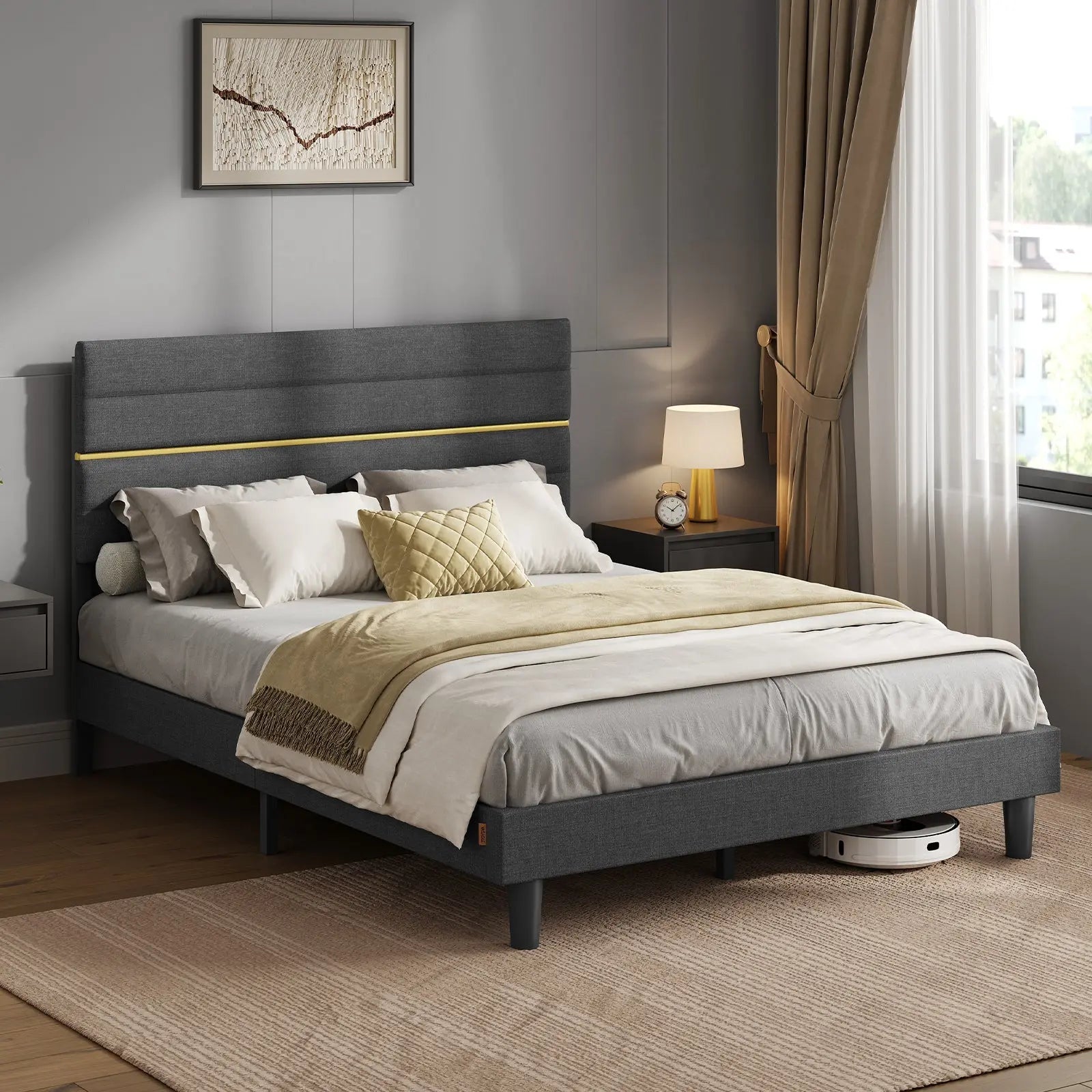 Cadre Lit double 140x200 cm VASAGLE gris, tête de lit rembourrée réglable en métal et bois massif ZenPur