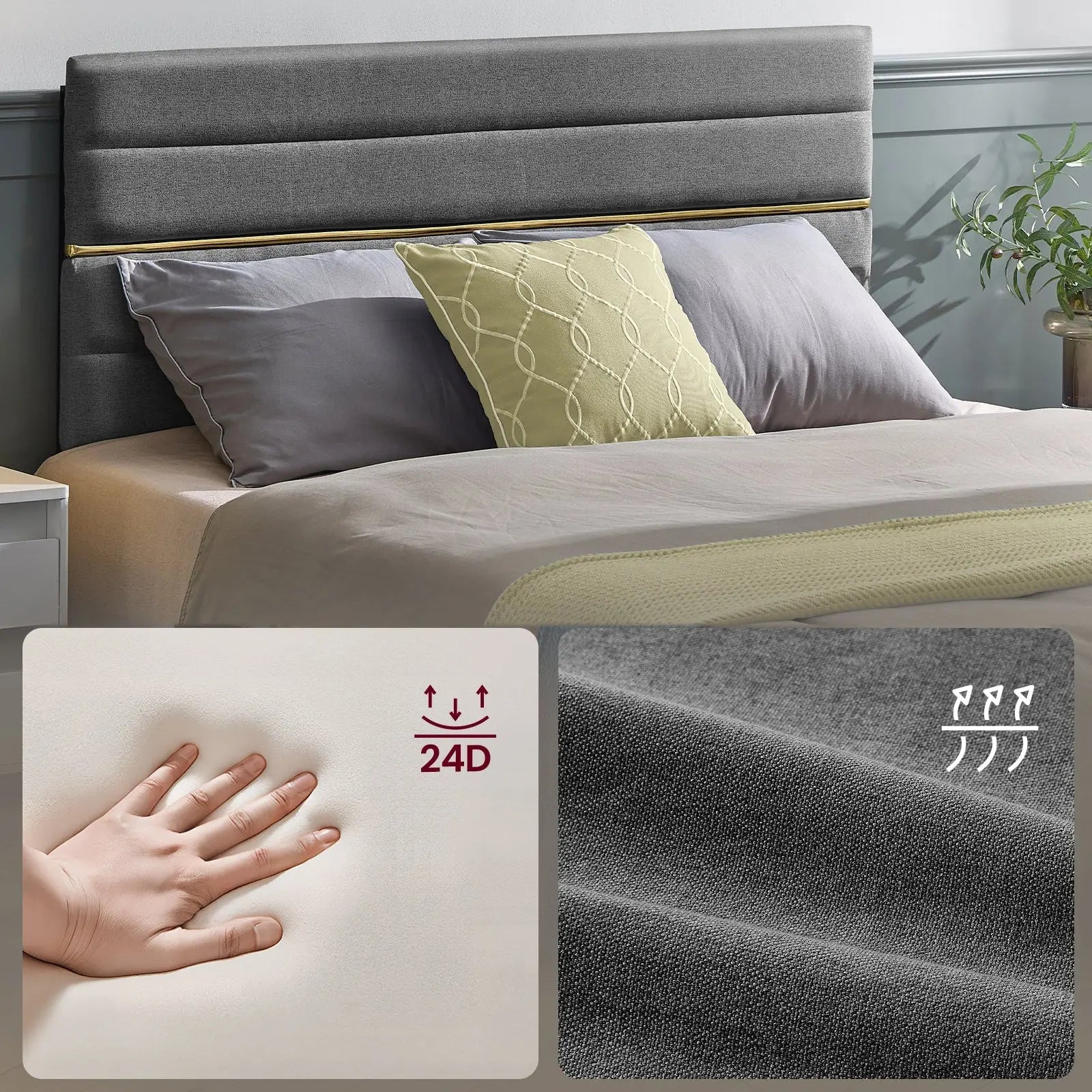 Cadre Lit double 140x200 cm VASAGLE gris, tête de lit rembourrée réglable en métal et bois massif ZenPur