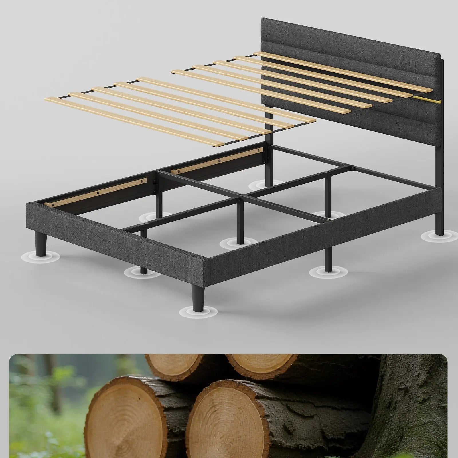 Cadre Lit double 140x200 cm VASAGLE gris, tête de lit rembourrée réglable en métal et bois massif ZenPur