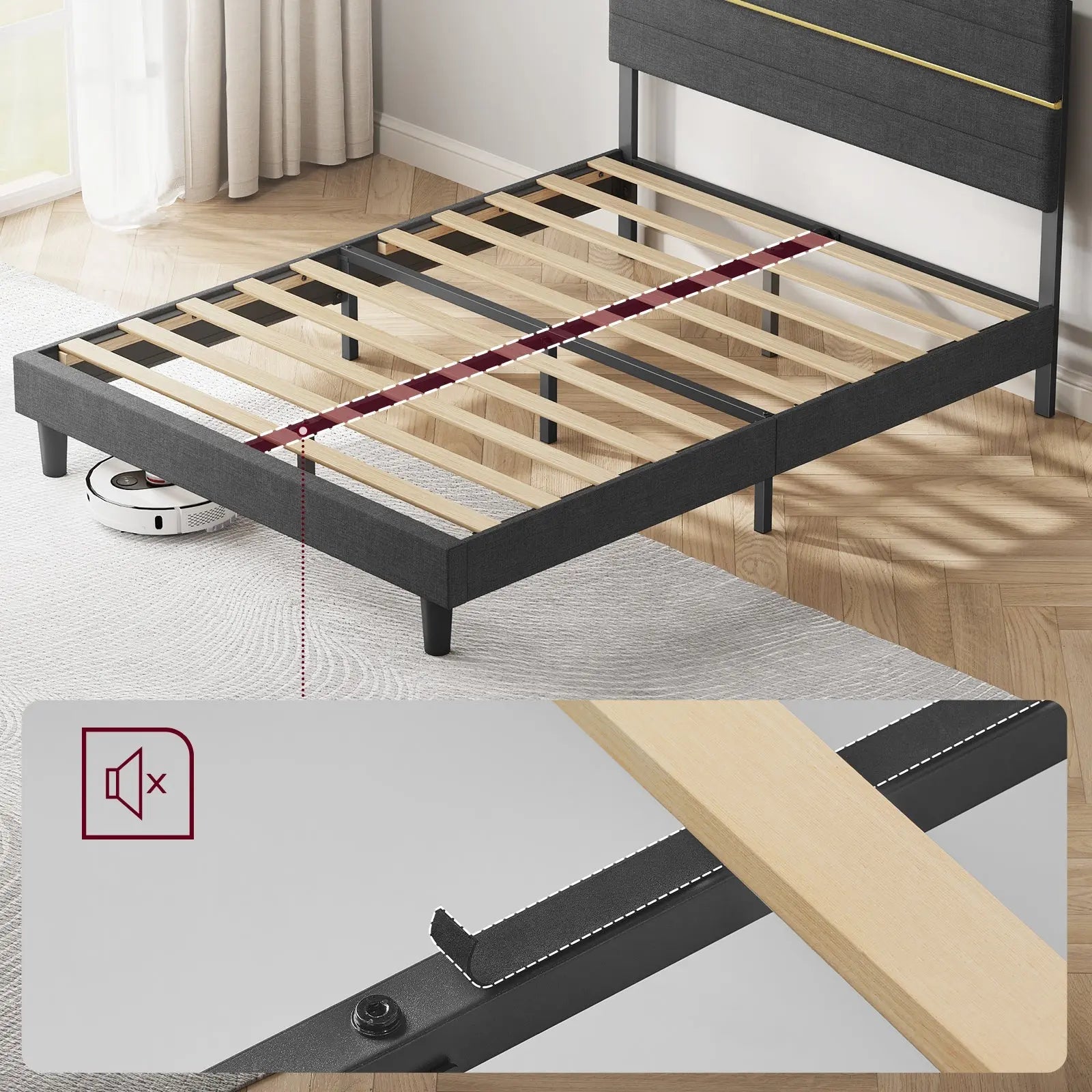 Cadre Lit double 140x200 cm VASAGLE gris, tête de lit rembourrée réglable en métal et bois massif ZenPur