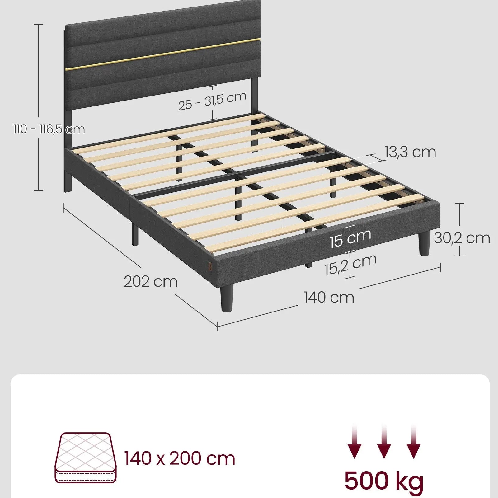 Cadre Lit double 140x200 cm VASAGLE gris, tête de lit rembourrée réglable en métal et bois massif ZenPur