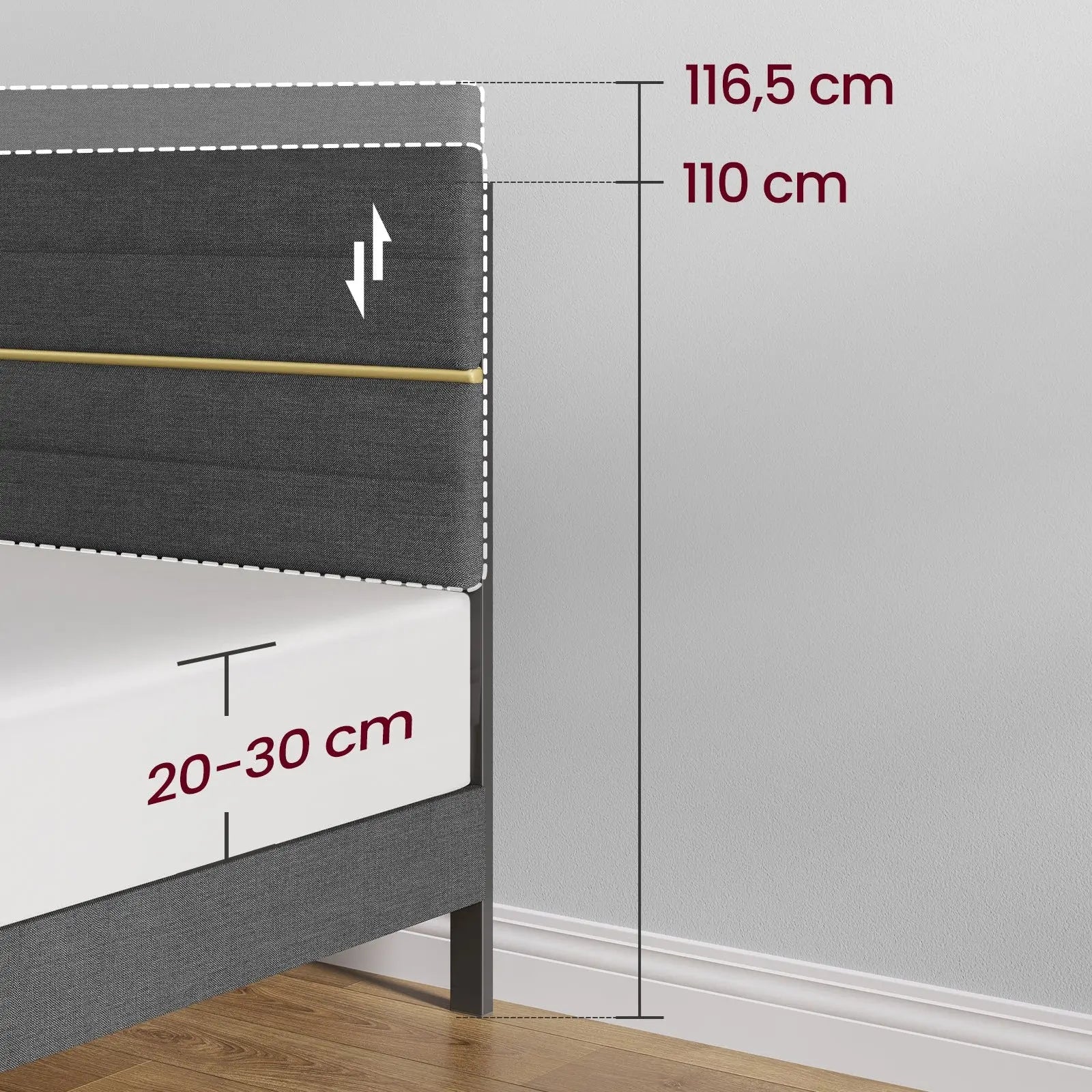 Cadre Lit double 140x200 cm VASAGLE gris, tête de lit rembourrée réglable en métal et bois massif ZenPur
