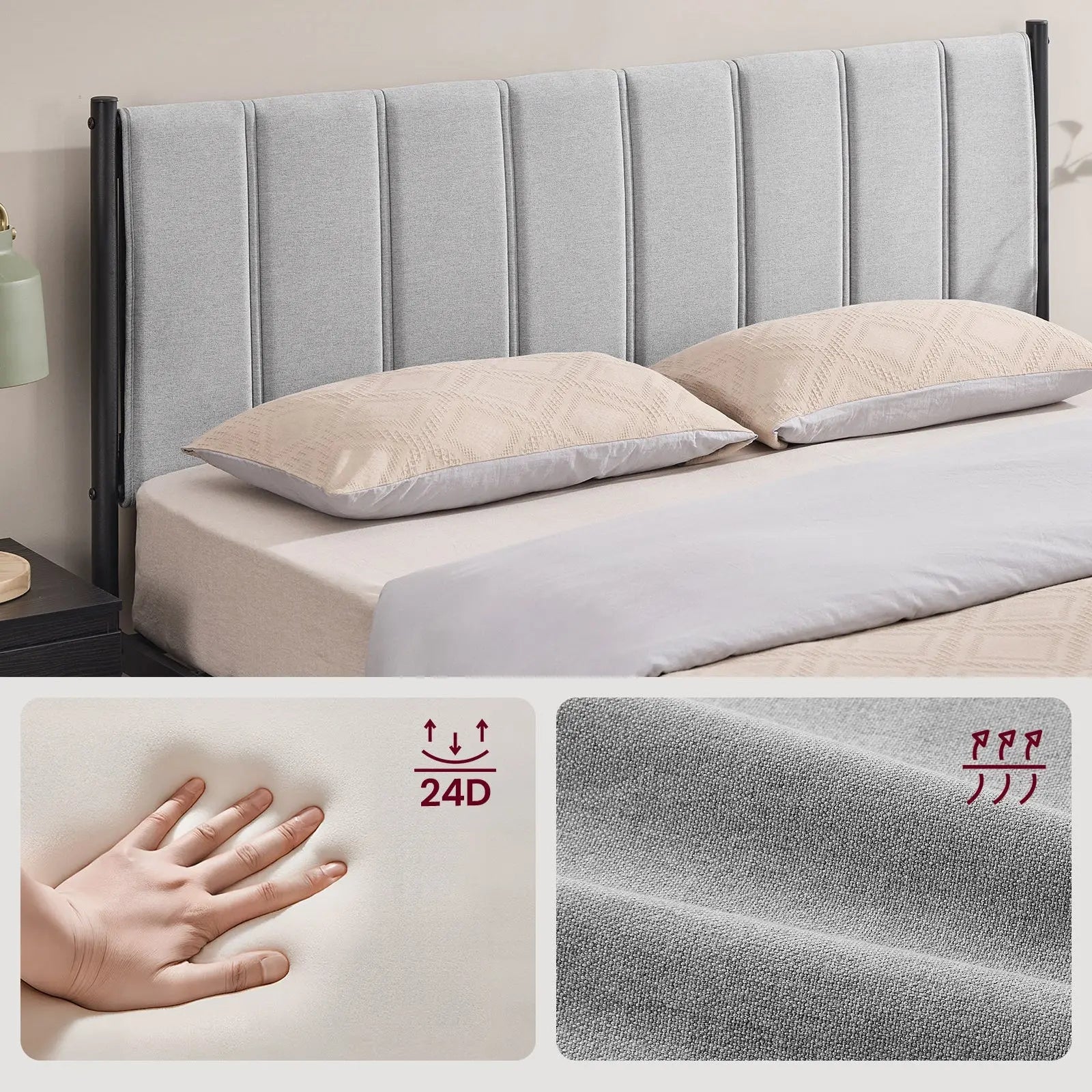 Lit Double 160x200 VASAGLE avec tête de lit rembourrée et sommier à lattes en acier ZenPur
