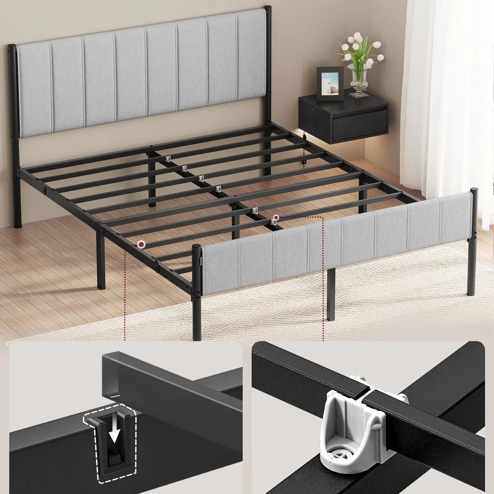 Lit Double 160x200 VASAGLE avec tête de lit rembourrée et sommier à lattes en acier ZenPur