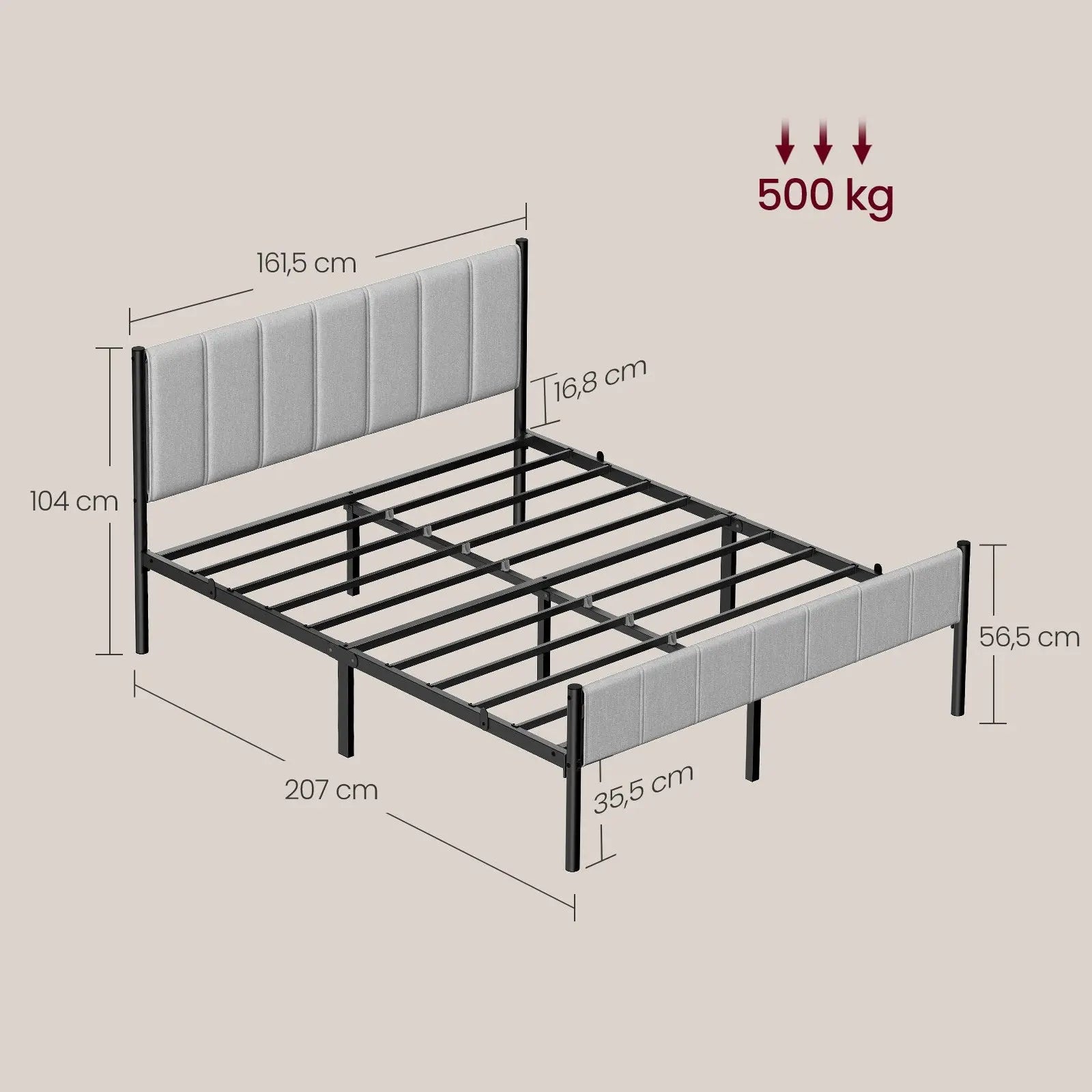 Lit Double 160x200 VASAGLE avec tête de lit rembourrée et sommier à lattes en acier ZenPur