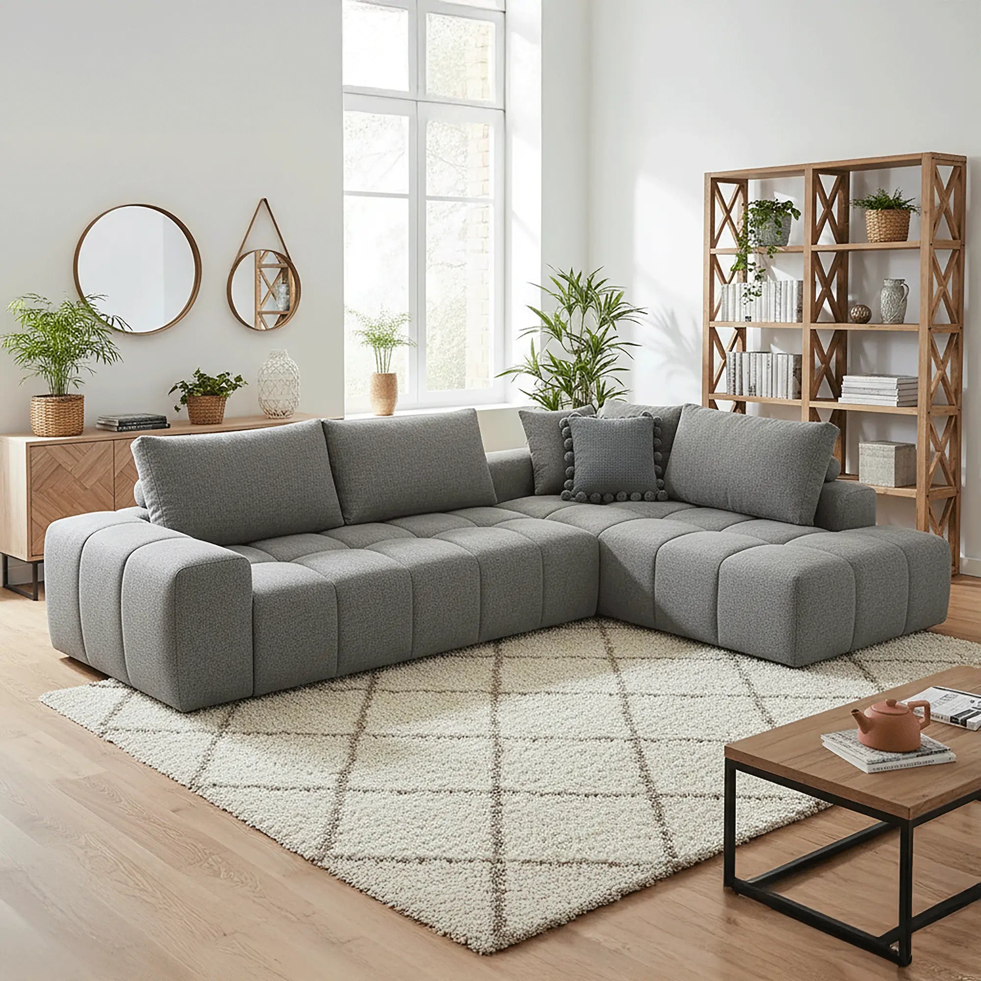 Canapé Compressé d'Angle Gris avec Méridienne Y215 - Ressorts Ensachés & Mousse Haute Densité ZenPur