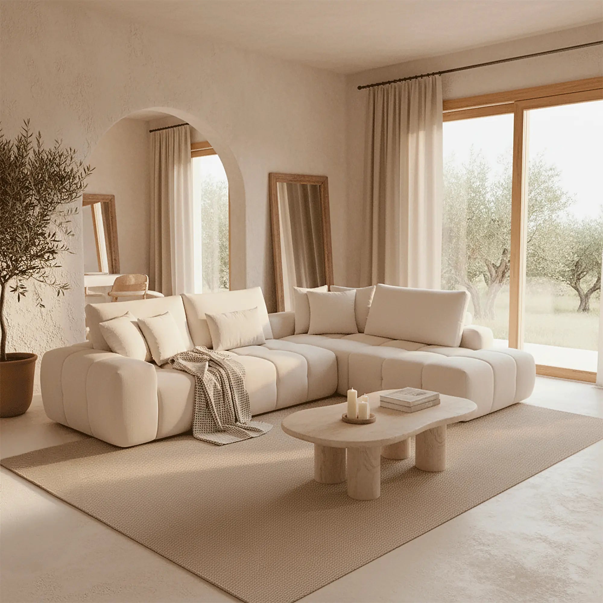 Canapé Compressé d'Angle Beige avec Méridienne Y215 - Ressorts Ensachés & Mousse Haute Densité ZenPur