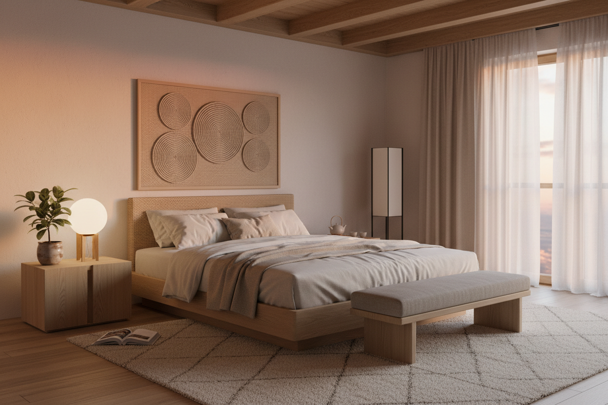 Une magnifique chambre minimaliste de style « japonais » ou « zen ». L’éclairage est doux et chaleureux (soirée). Le lit Zenpur, pièce maîtresse, paraît immaculé et accueillant. Aucun écran (ni télévision, ni téléphone) n’est visible, seulement peut-être une petite plante ou un livre.